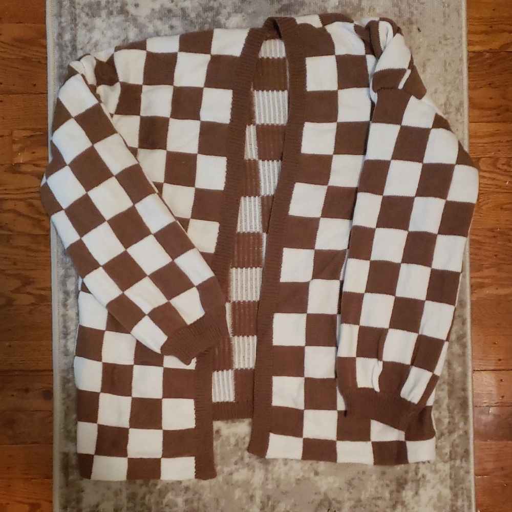 Brown and White Checkered Woman's Cardigan Sweater